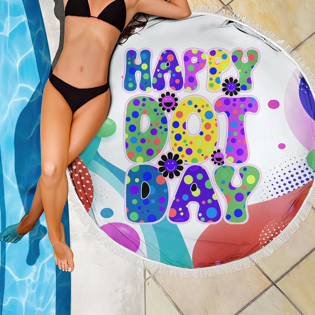 Happy Dot Day Beach Blanket Colorful Swirling Polka Dots and Whimsical Smiley Flowers