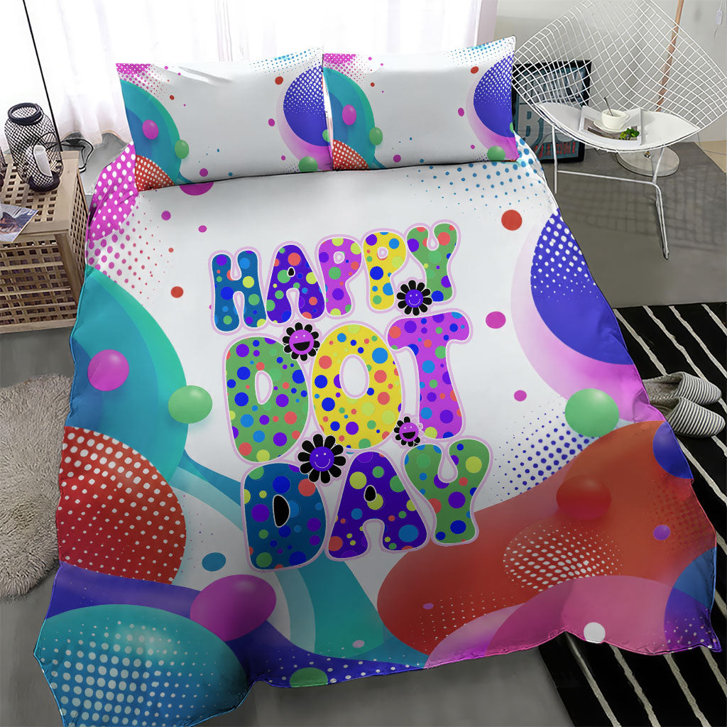 Happy Dot Day Bedding Set Colorful Swirling Polka Dots and Whimsical Smiley Flowers