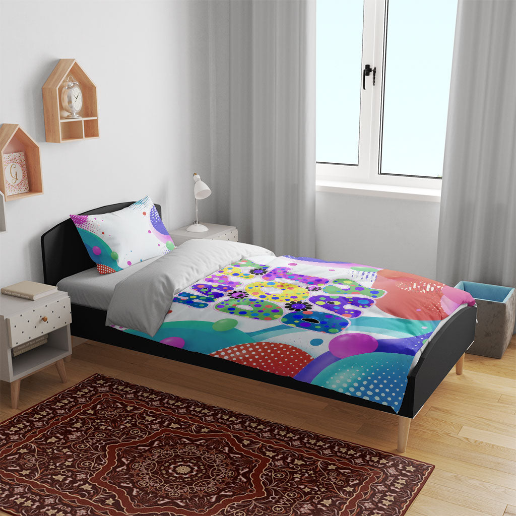Happy Dot Day Bedding Set Colorful Swirling Polka Dots and Whimsical Smiley Flowers