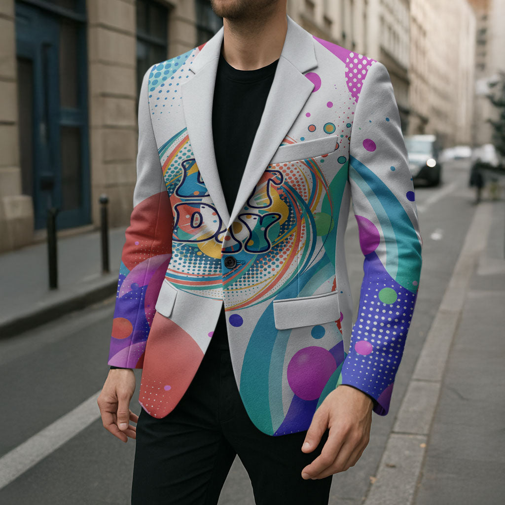 Happy Dot Day Blazer Colorful Swirling Polka Dots and Whimsical Smiley Flowers