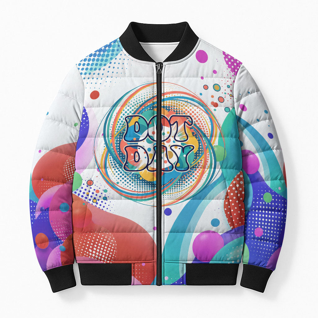 Happy Dot Day Bomber Puffer Jacket Colorful Swirling Polka Dots and Whimsical Smiley Flowers