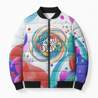 Happy Dot Day Bomber Puffer Jacket Colorful Swirling Polka Dots and Whimsical Smiley Flowers