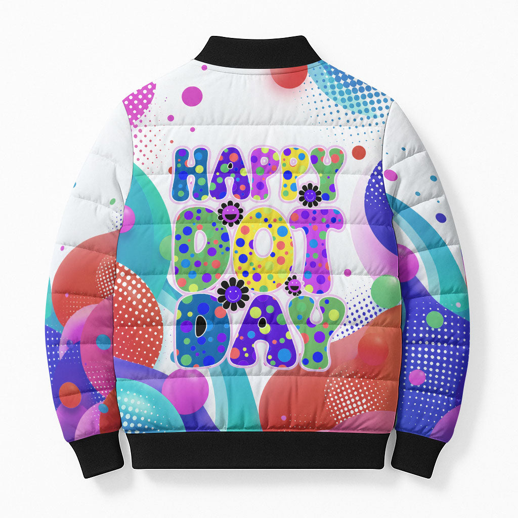 Happy Dot Day Bomber Puffer Jacket Colorful Swirling Polka Dots and Whimsical Smiley Flowers