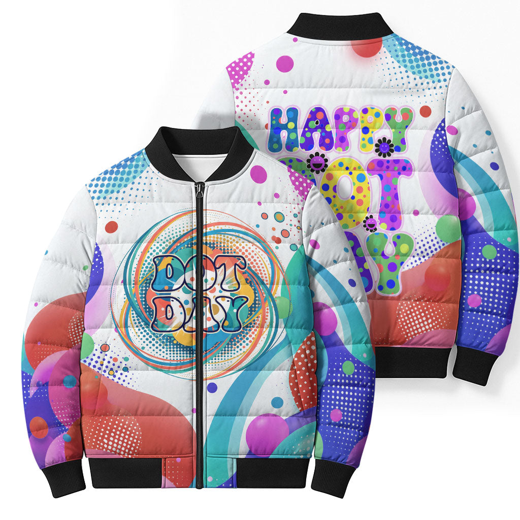 Happy Dot Day Bomber Puffer Jacket Colorful Swirling Polka Dots and Whimsical Smiley Flowers