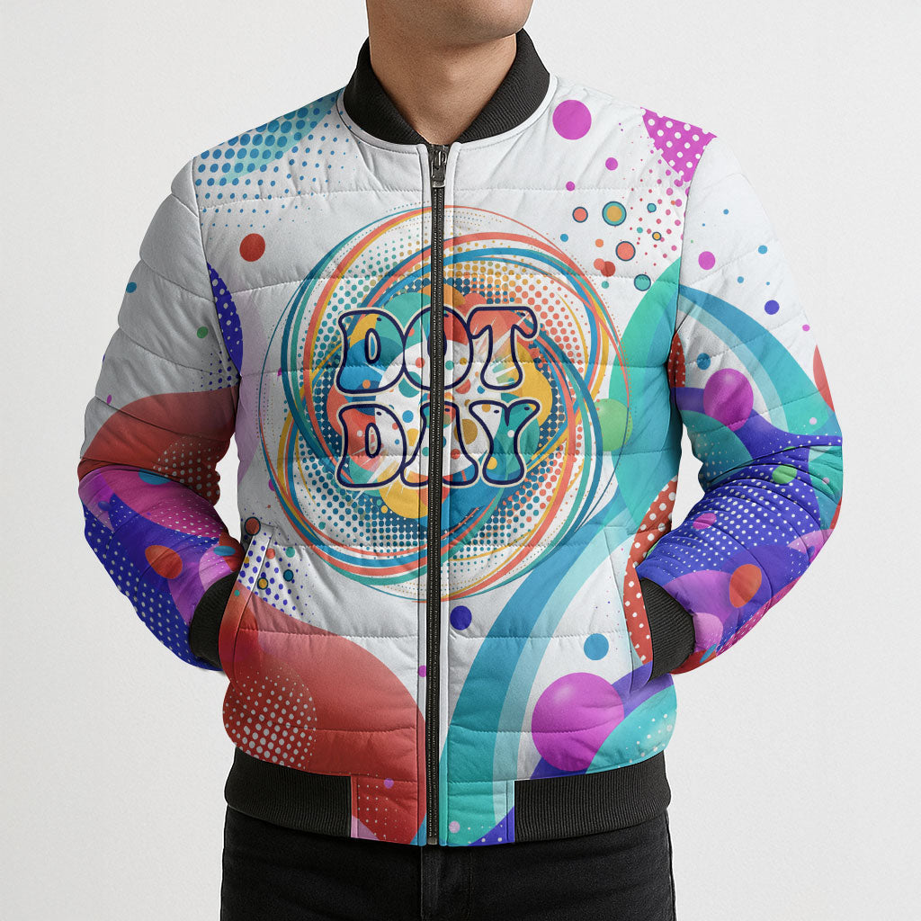 Happy Dot Day Bomber Puffer Jacket Colorful Swirling Polka Dots and Whimsical Smiley Flowers