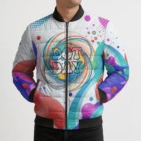 Happy Dot Day Bomber Puffer Jacket Colorful Swirling Polka Dots and Whimsical Smiley Flowers