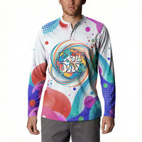 Happy Dot Day Button Sweatshirt Colorful Swirling Polka Dots and Whimsical Smiley Flowers