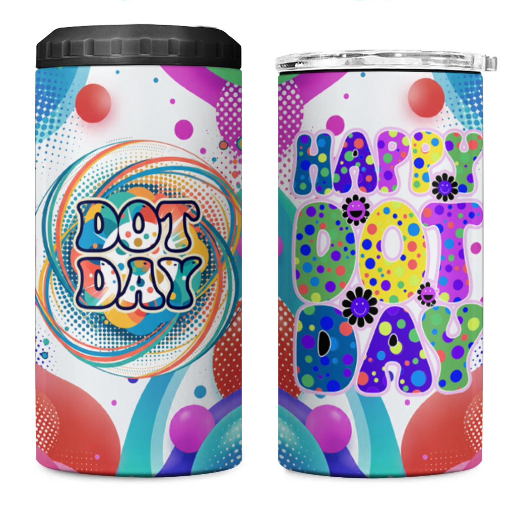 Happy Dot Day 4 in 1 Can Cooler Tumbler Colorful Swirling Polka Dots and Whimsical Smiley Flowers