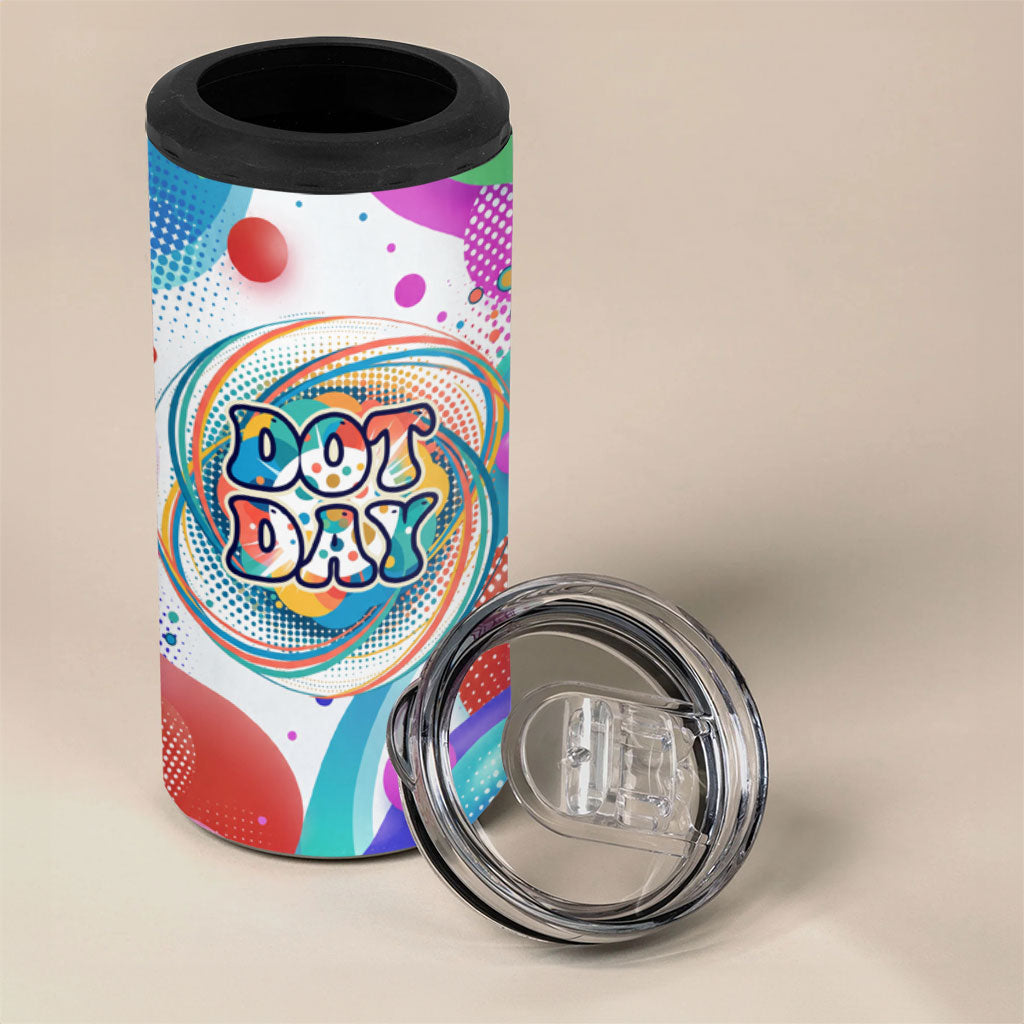 Happy Dot Day 4 in 1 Can Cooler Tumbler Colorful Swirling Polka Dots and Whimsical Smiley Flowers