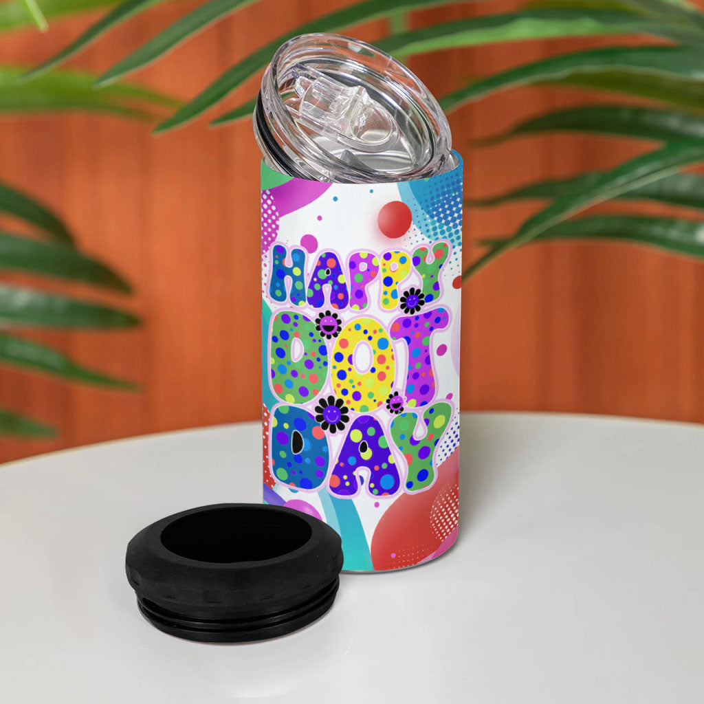 Happy Dot Day 4 in 1 Can Cooler Tumbler Colorful Swirling Polka Dots and Whimsical Smiley Flowers