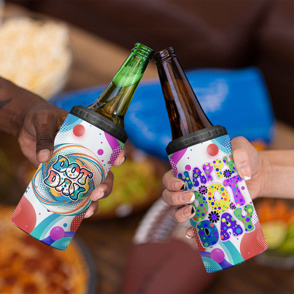 Happy Dot Day 4 in 1 Can Cooler Tumbler Colorful Swirling Polka Dots and Whimsical Smiley Flowers