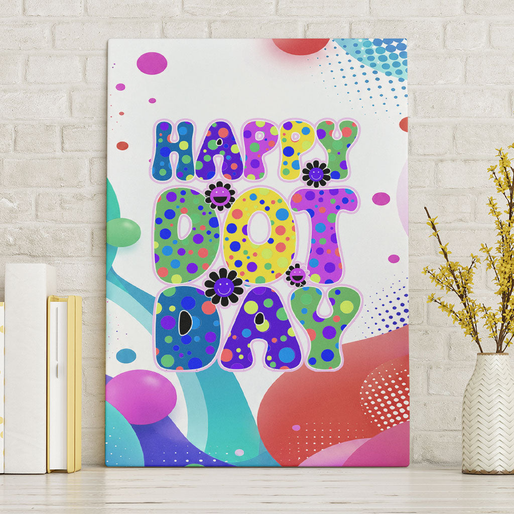 Happy Dot Day Canvas Wall Art Colorful Swirling Polka Dots and Whimsical Smiley Flowers