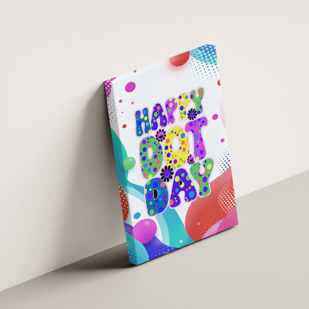 Happy Dot Day Canvas Wall Art Colorful Swirling Polka Dots and Whimsical Smiley Flowers