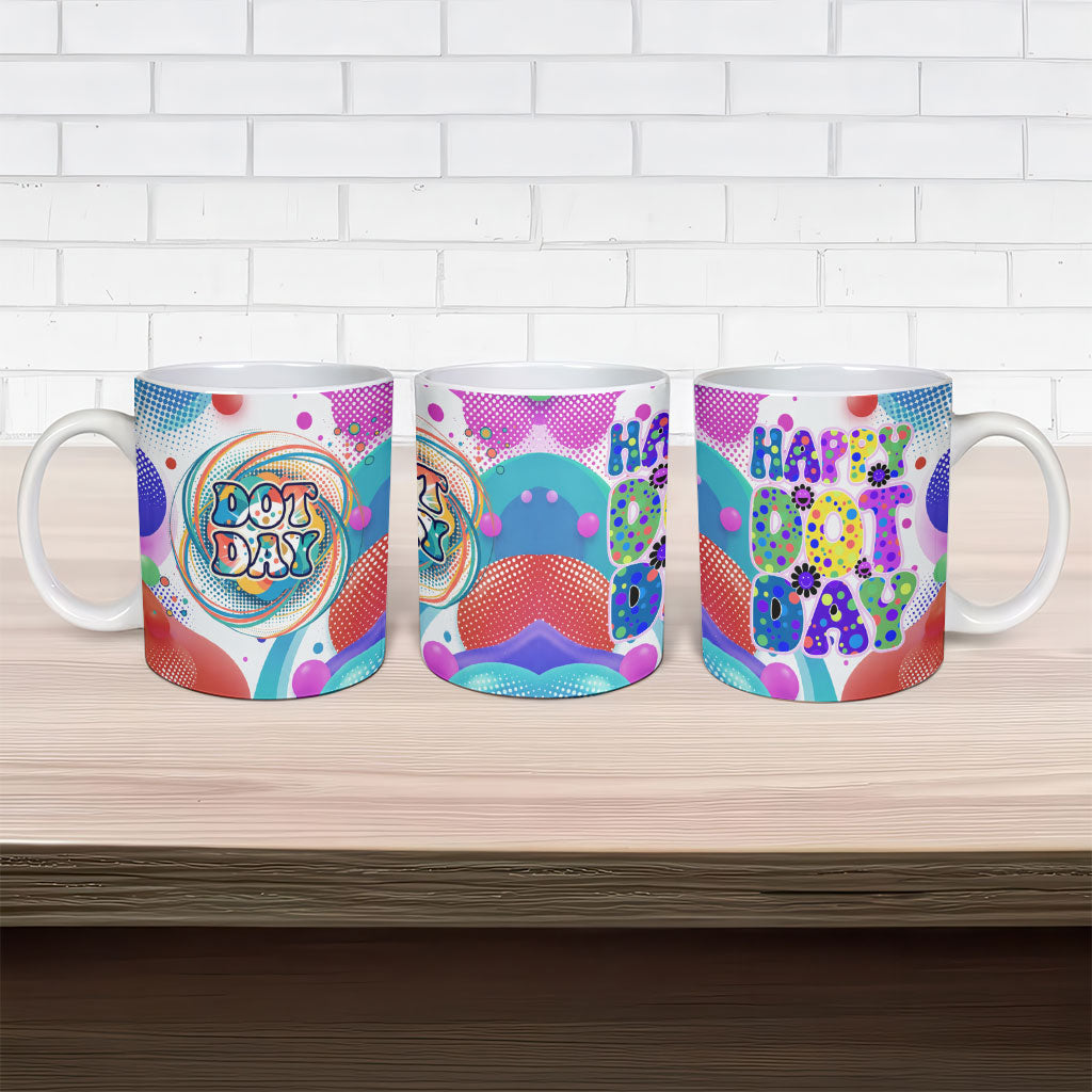 Happy Dot Day Ceramic Mug Colorful Swirling Polka Dots and Whimsical Smiley Flowers