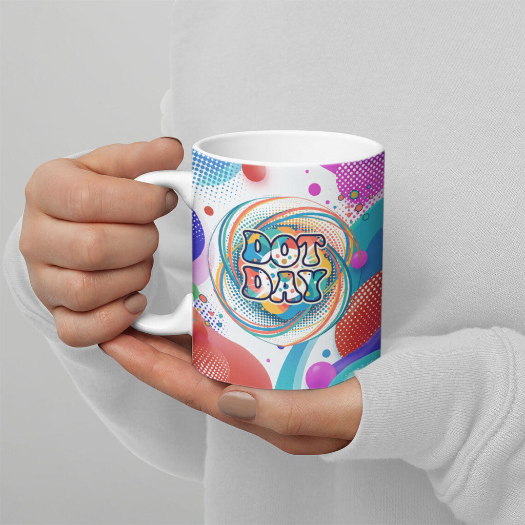 Happy Dot Day Ceramic Mug Colorful Swirling Polka Dots and Whimsical Smiley Flowers