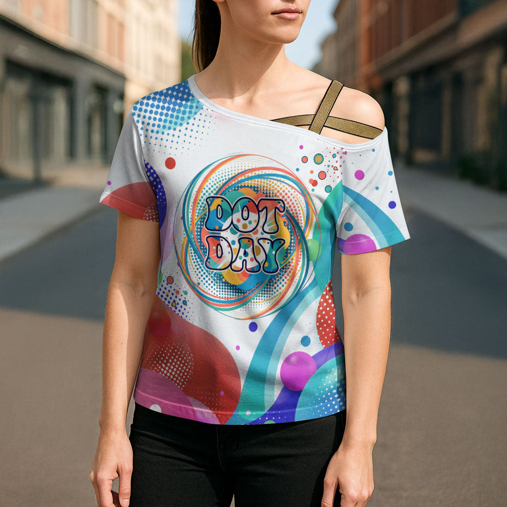 Happy Dot Day Cross Shoulder Shirt Colorful Swirling Polka Dots and Whimsical Smiley Flowers