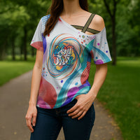 Happy Dot Day Cross Shoulder Shirt Colorful Swirling Polka Dots and Whimsical Smiley Flowers