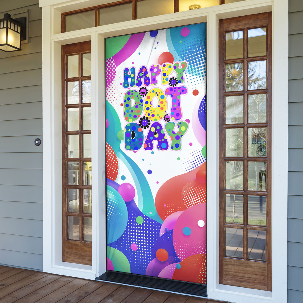 Happy Dot Day Door Cover Colorful Swirling Polka Dots and Whimsical Smiley Flowers