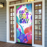 Happy Dot Day Door Cover Colorful Swirling Polka Dots and Whimsical Smiley Flowers