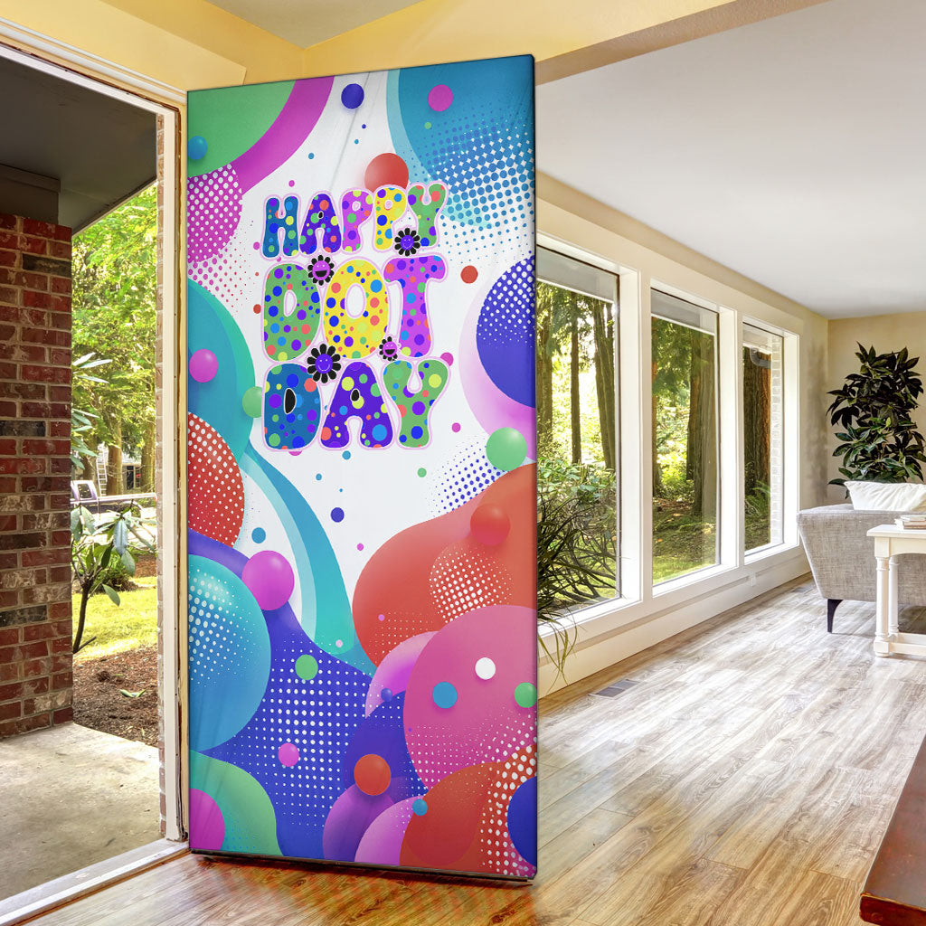 Happy Dot Day Door Cover Colorful Swirling Polka Dots and Whimsical Smiley Flowers