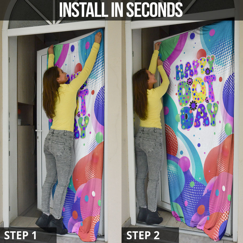 Happy Dot Day Door Cover Colorful Swirling Polka Dots and Whimsical Smiley Flowers