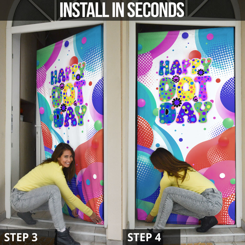 Happy Dot Day Door Cover Colorful Swirling Polka Dots and Whimsical Smiley Flowers