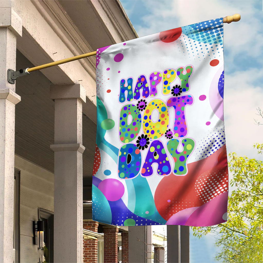 Happy Dot Day Garden Flag Colorful Swirling Polka Dots and Whimsical Smiley Flowers