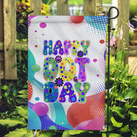 Happy Dot Day Garden Flag Colorful Swirling Polka Dots and Whimsical Smiley Flowers