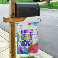 Happy Dot Day Garden Flag Colorful Swirling Polka Dots and Whimsical Smiley Flowers