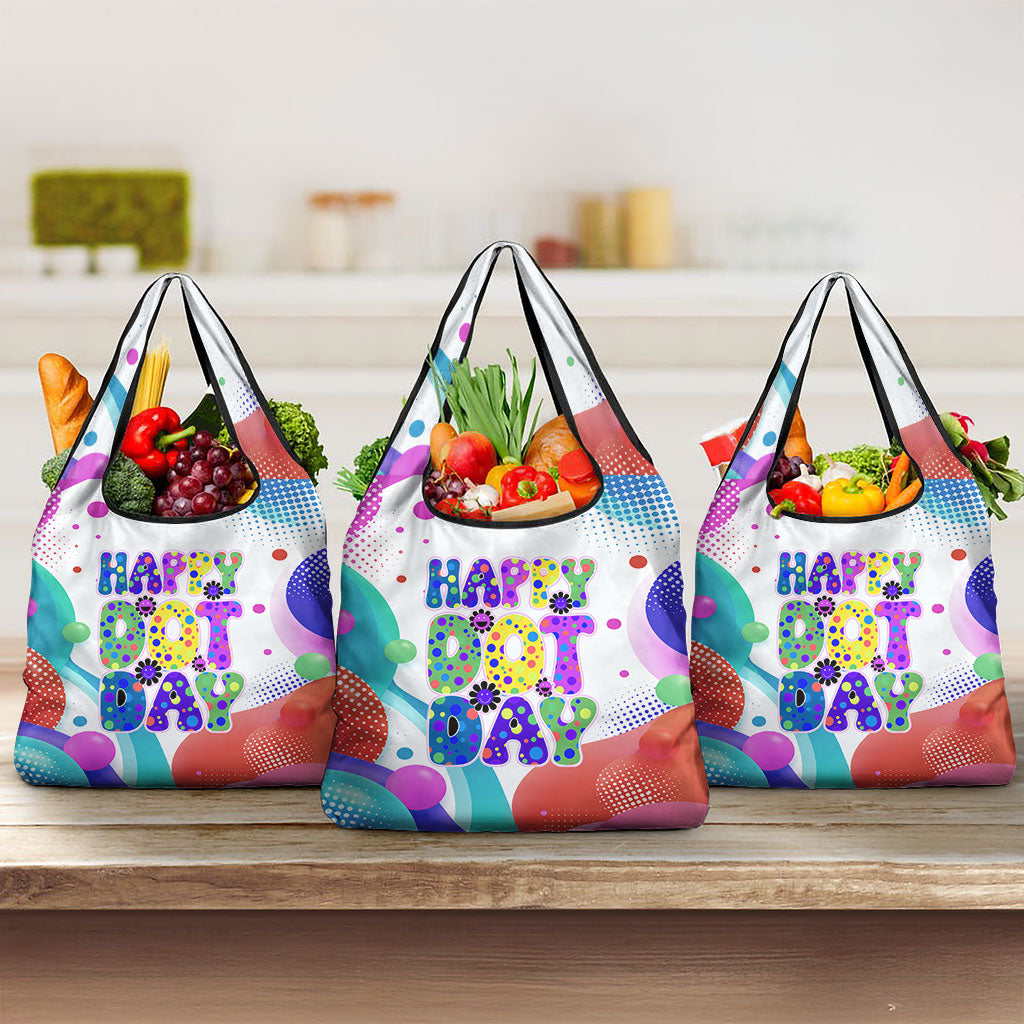 Happy Dot Day Grocery Bag Colorful Swirling Polka Dots and Whimsical Smiley Flowers