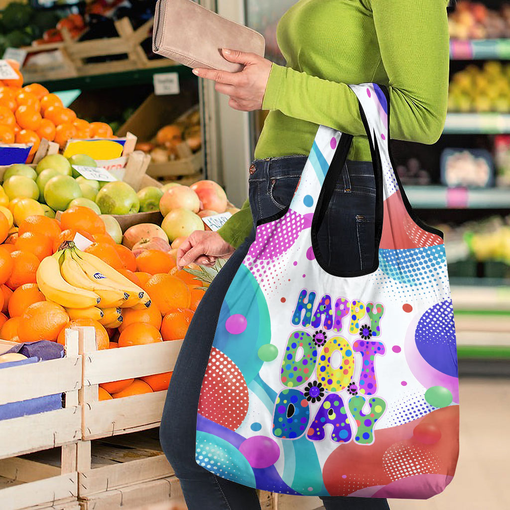 Happy Dot Day Grocery Bag Colorful Swirling Polka Dots and Whimsical Smiley Flowers