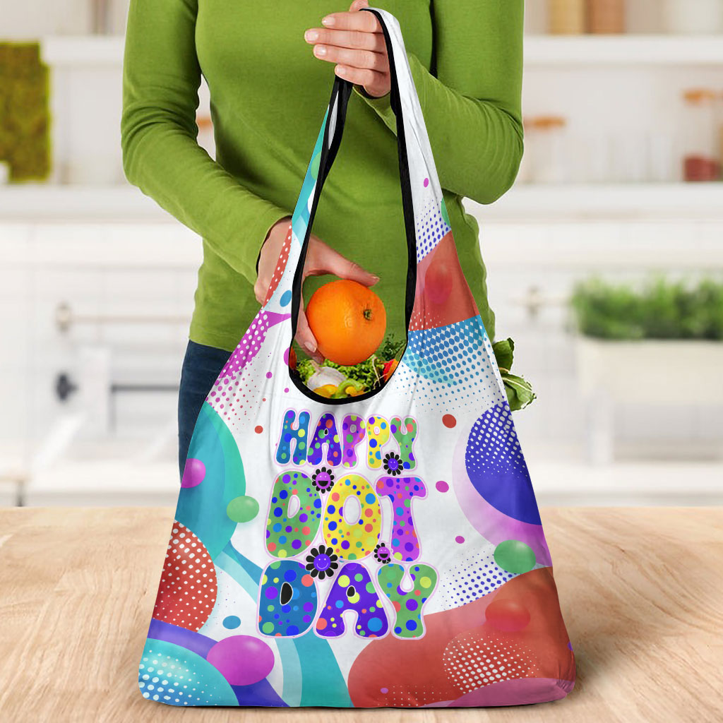 Happy Dot Day Grocery Bag Colorful Swirling Polka Dots and Whimsical Smiley Flowers