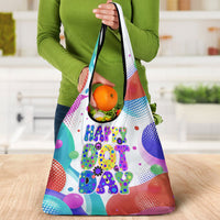 Happy Dot Day Grocery Bag Colorful Swirling Polka Dots and Whimsical Smiley Flowers