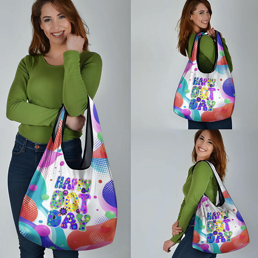 Happy Dot Day Grocery Bag Colorful Swirling Polka Dots and Whimsical Smiley Flowers