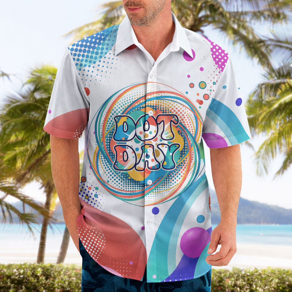 Happy Dot Day Hawaiian Shirt Colorful Swirling Polka Dots and Whimsical Smiley Flowers