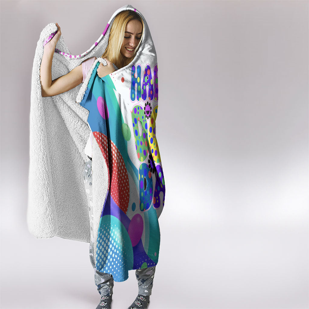 Happy Dot Day Hooded Blanket Colorful Swirling Polka Dots and Whimsical Smiley Flowers