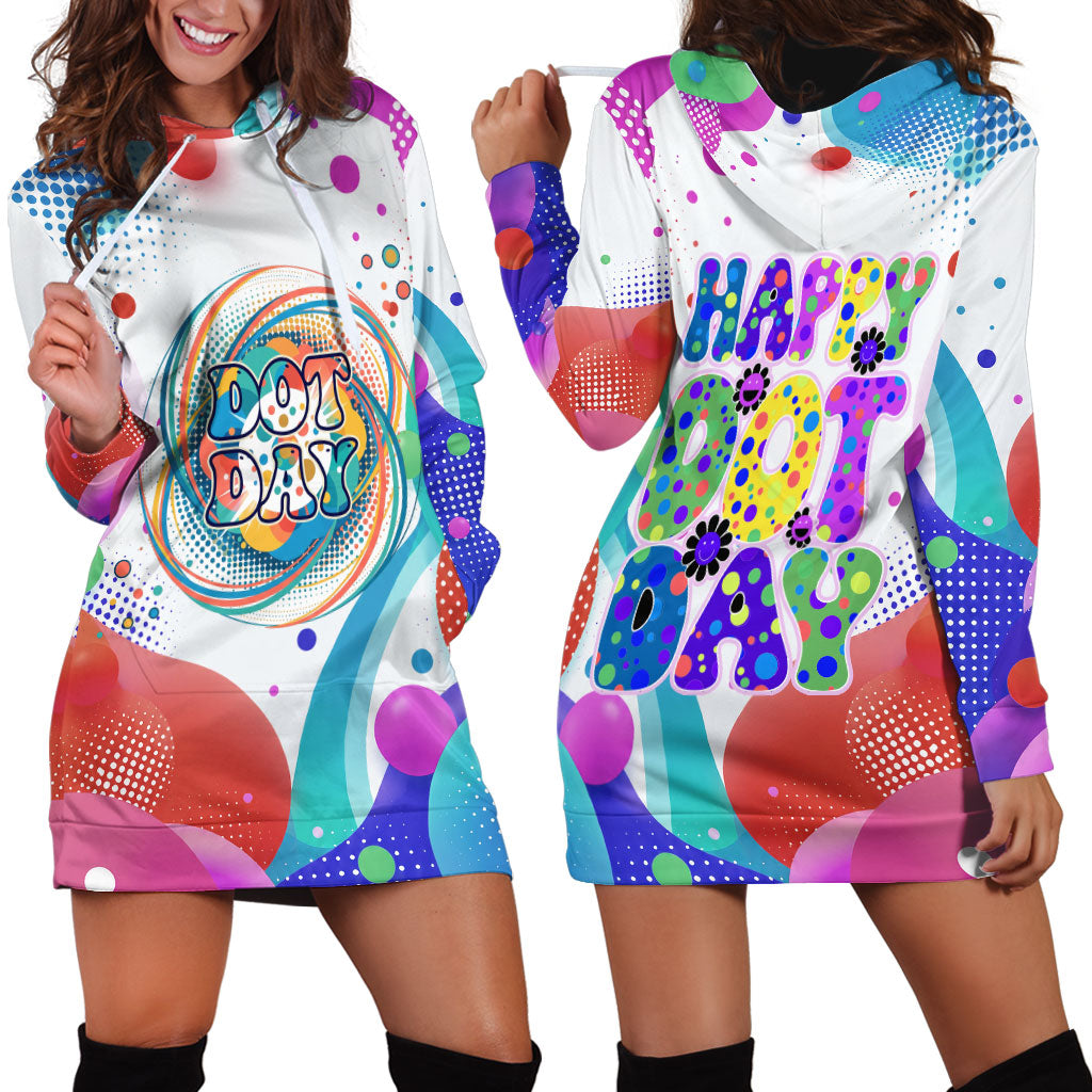 Happy Dot Day Hoodie Dress Colorful Swirling Polka Dots and Whimsical Smiley Flowers