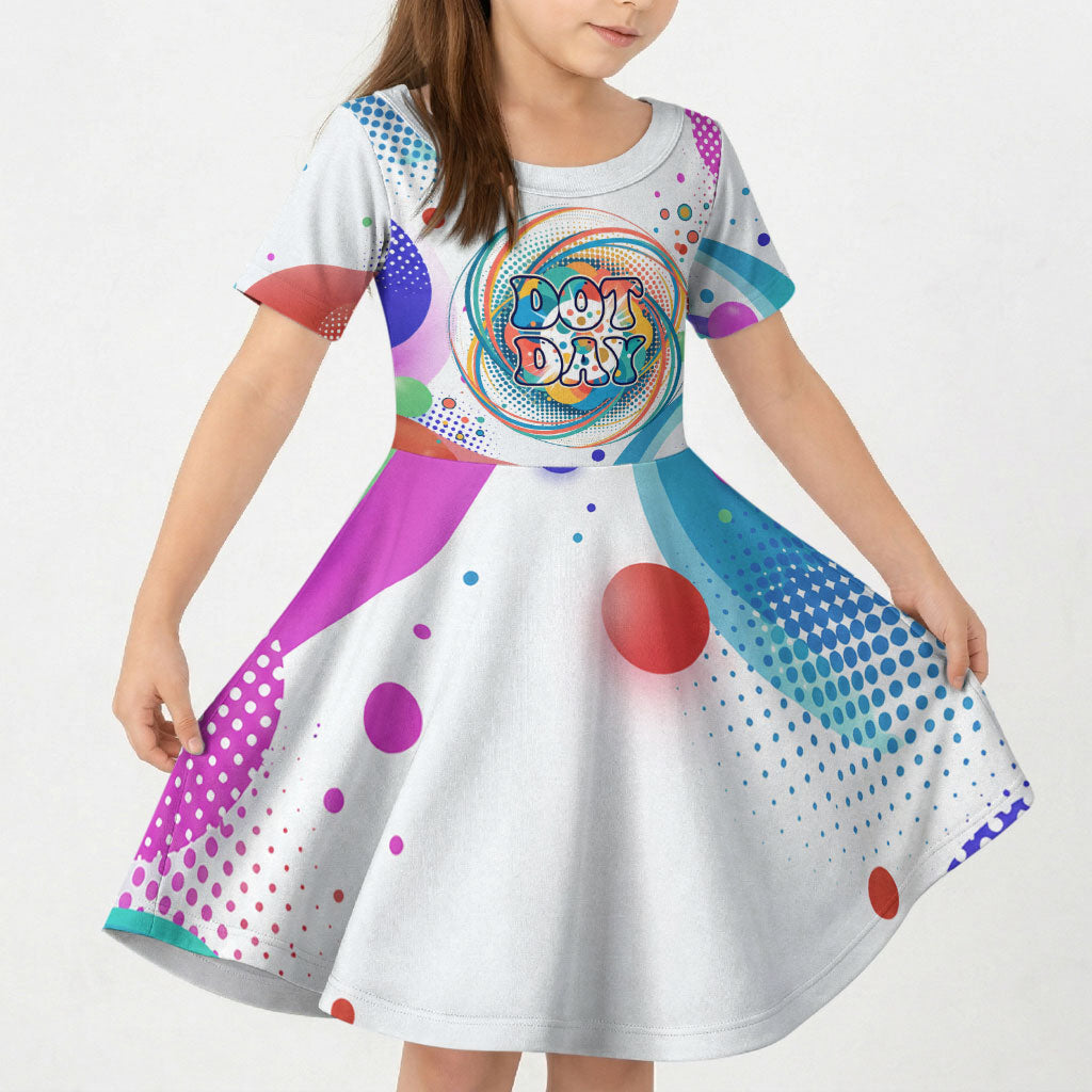 Happy Dot Day Kid Short Sleeve Dress Colorful Swirling Polka Dots and Whimsical Smiley Flowers