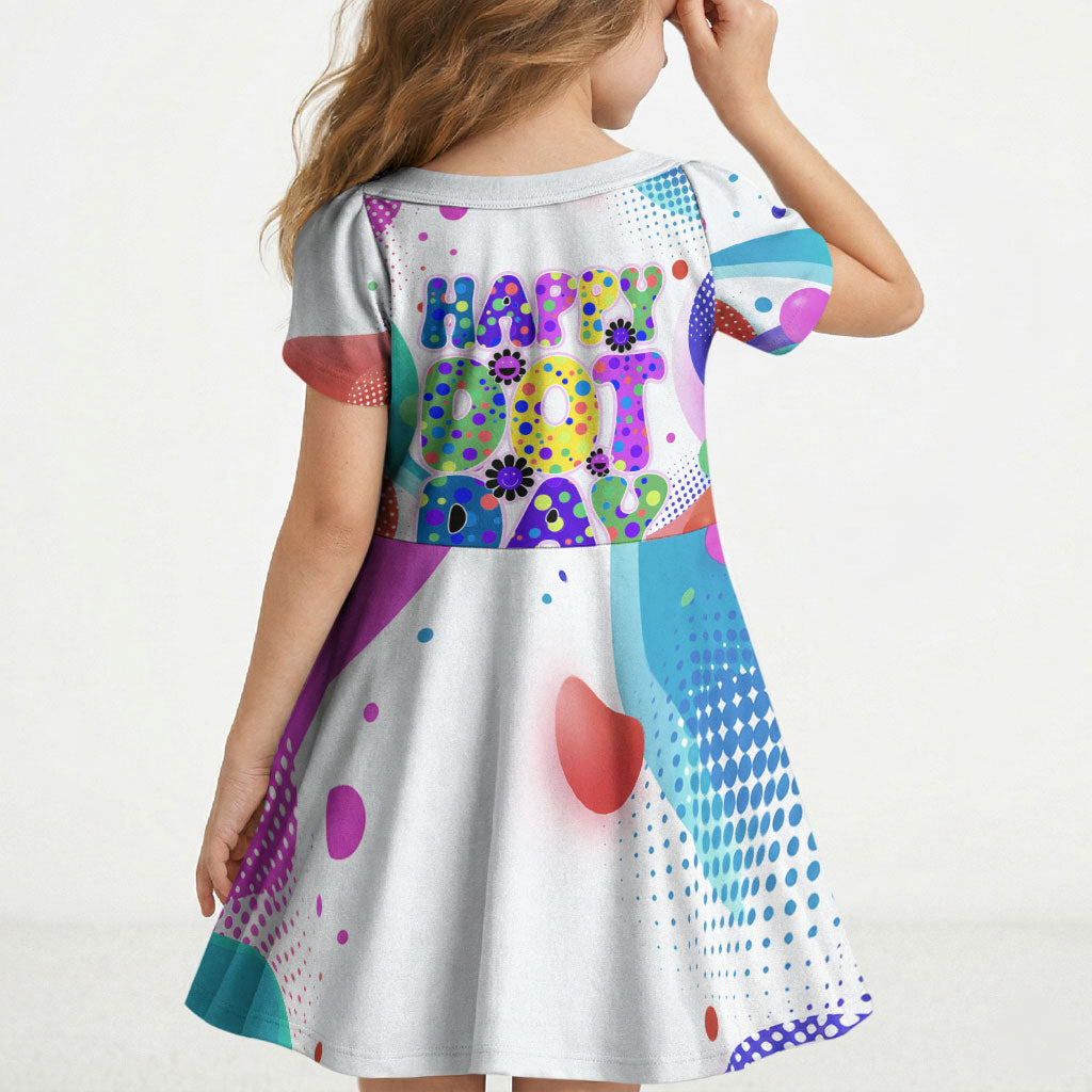 Happy Dot Day Kid Short Sleeve Dress Colorful Swirling Polka Dots and Whimsical Smiley Flowers