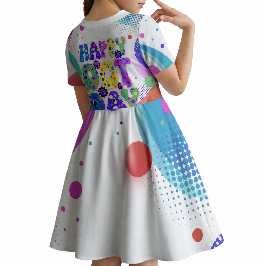Happy Dot Day Kid Short Sleeve Dress Colorful Swirling Polka Dots and Whimsical Smiley Flowers