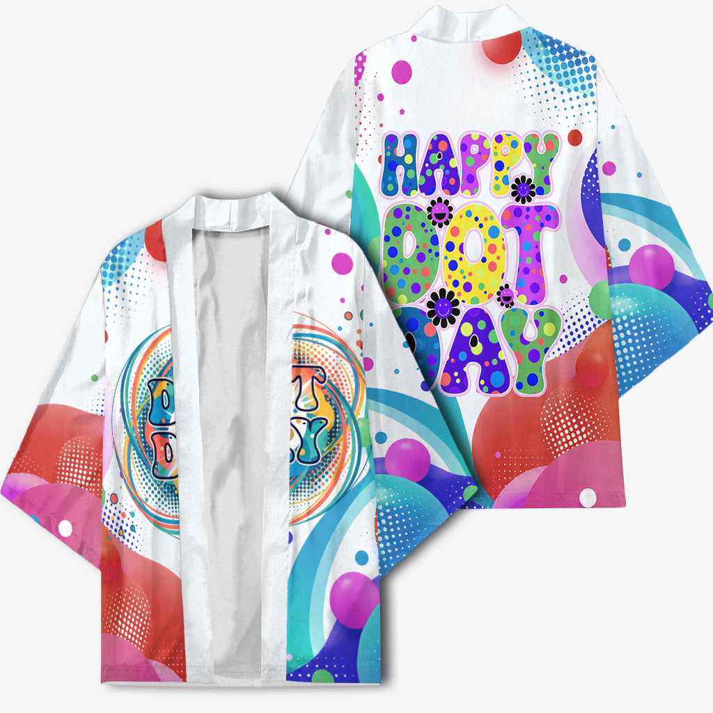 Happy Dot Day Kimono Colorful Swirling Polka Dots and Whimsical Smiley Flowers