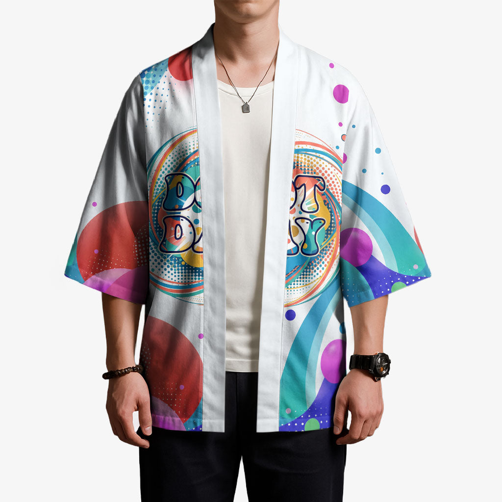 Happy Dot Day Kimono Colorful Swirling Polka Dots and Whimsical Smiley Flowers