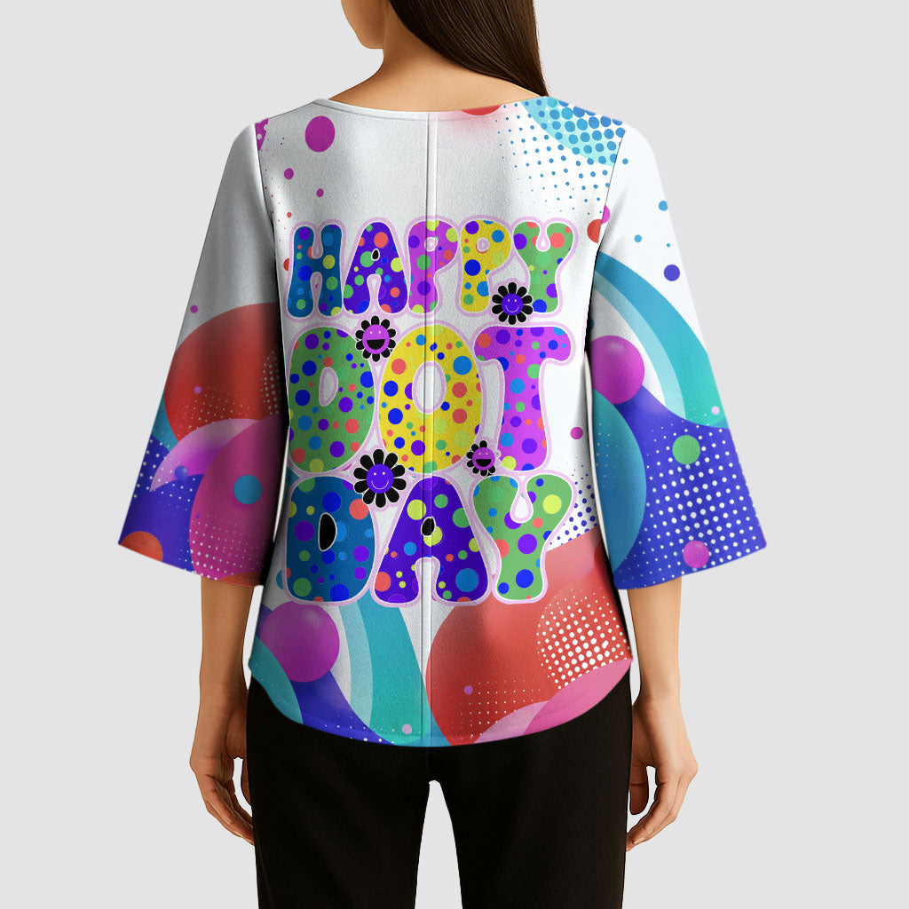 Happy Dot Day Kimono Sleeve Blouse Colorful Swirling Polka Dots and Whimsical Smiley Flowers