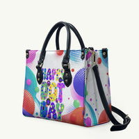 Happy Dot Day Leather Bag Colorful Swirling Polka Dots and Whimsical Smiley Flowers