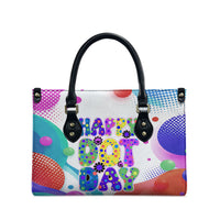 Happy Dot Day Leather Bag Colorful Swirling Polka Dots and Whimsical Smiley Flowers