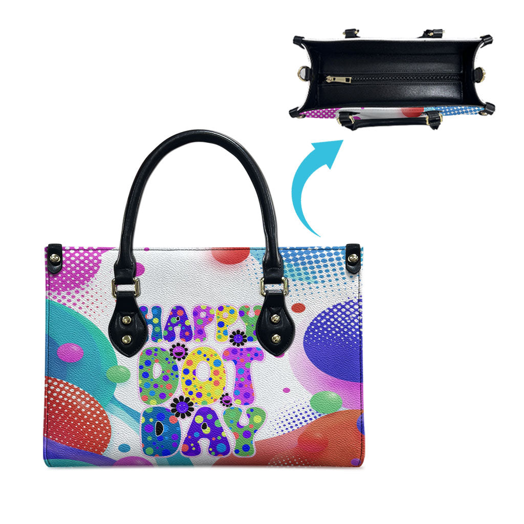 Happy Dot Day Leather Bag Colorful Swirling Polka Dots and Whimsical Smiley Flowers