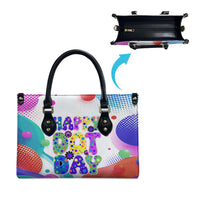 Happy Dot Day Leather Bag Colorful Swirling Polka Dots and Whimsical Smiley Flowers