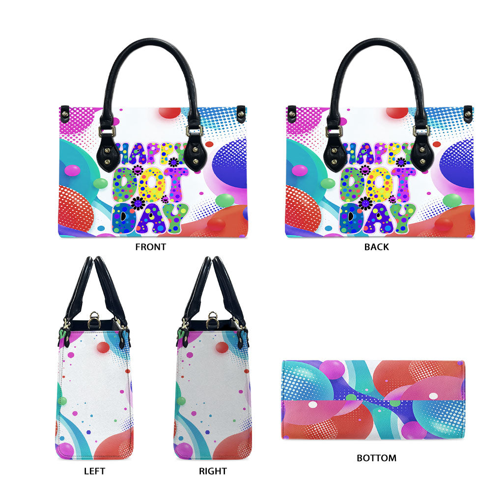 Happy Dot Day Leather Bag Colorful Swirling Polka Dots and Whimsical Smiley Flowers