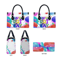 Happy Dot Day Leather Bag Colorful Swirling Polka Dots and Whimsical Smiley Flowers