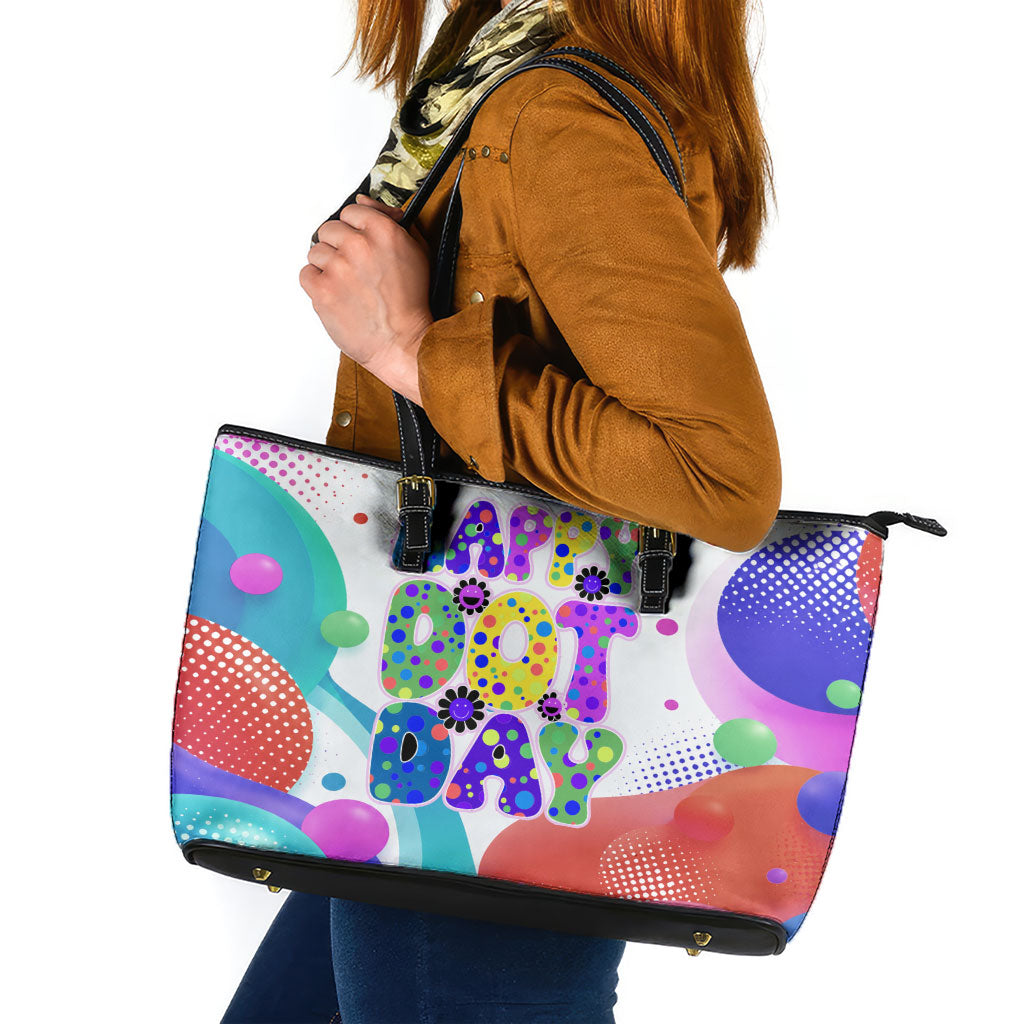 Happy Dot Day Leather Tote Bag Colorful Swirling Polka Dots and Whimsical Smiley Flowers